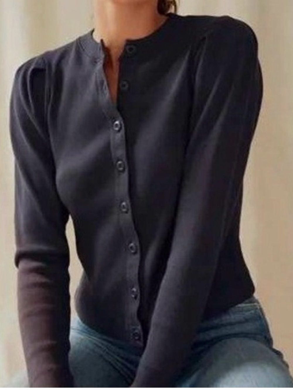 AMO Charcoal Gray Puff Sleeve Ribbed Cardigan